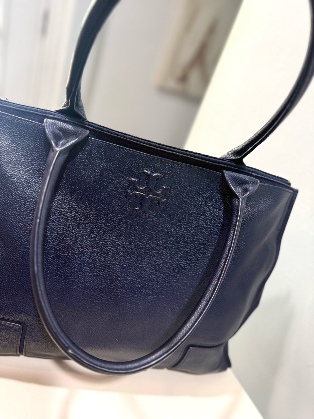 Tory Burch Ella Leather Canvas Large Tote Bag Navy Blue - Picture 4 of 16